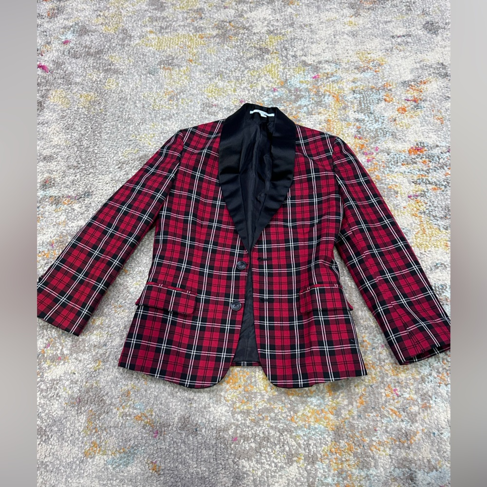 Class Club Red Plaid Blazer with Black Satin Lapel